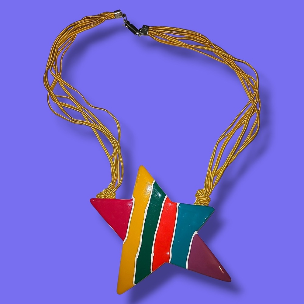 Vintage 80s Large Enamel Star Pendant Necklace Colorful Statement Retro